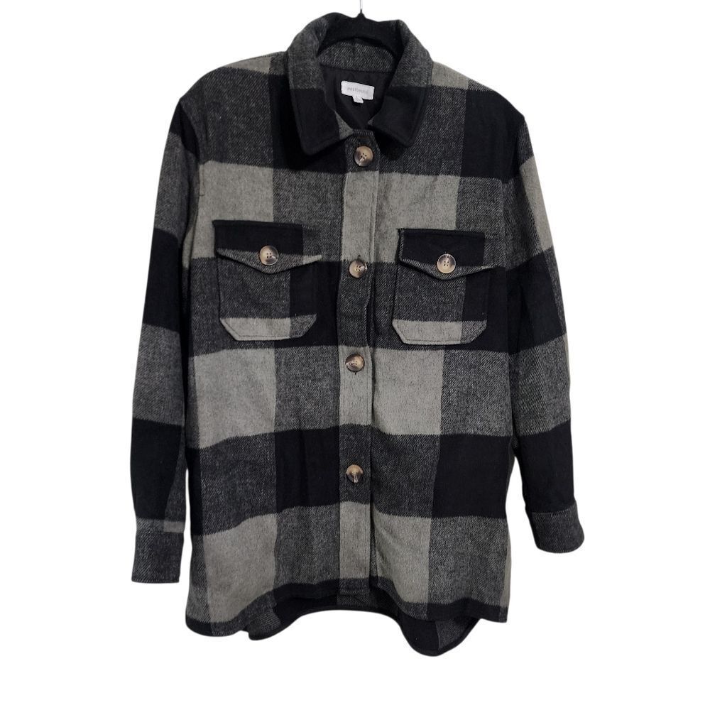 Westbound Shaket Top L Gray Blk Buffalo Check Button Up Pockets
